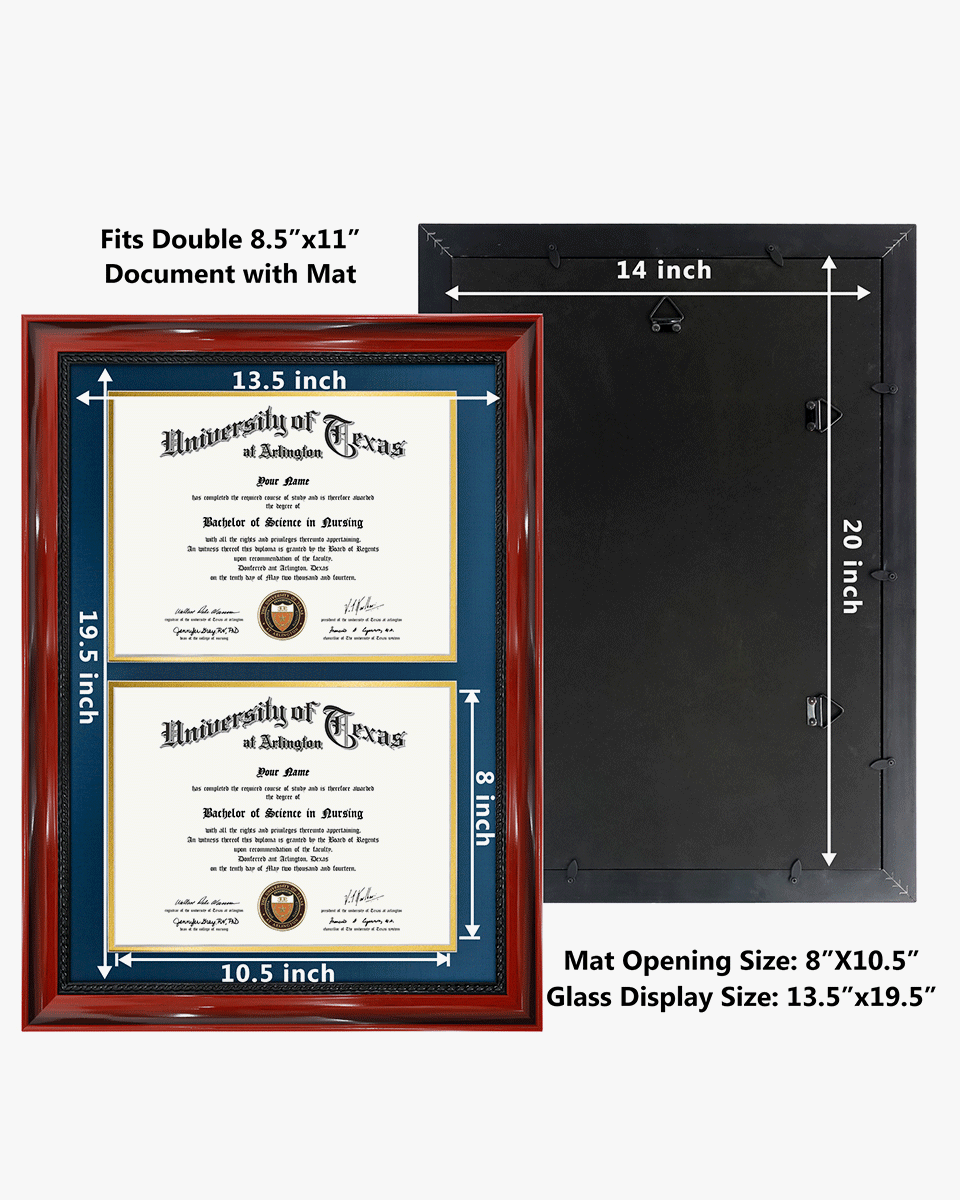 Double Certificate Solid Wood Frame with Intricate Black Rope Detail for 8.5"x11" - 5 Colors Available