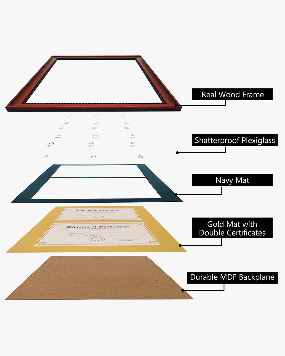 Double Certificate Solid Wood Frame with Intricate Black Rope Detail for 8.5"x11" - 5 Colors Available