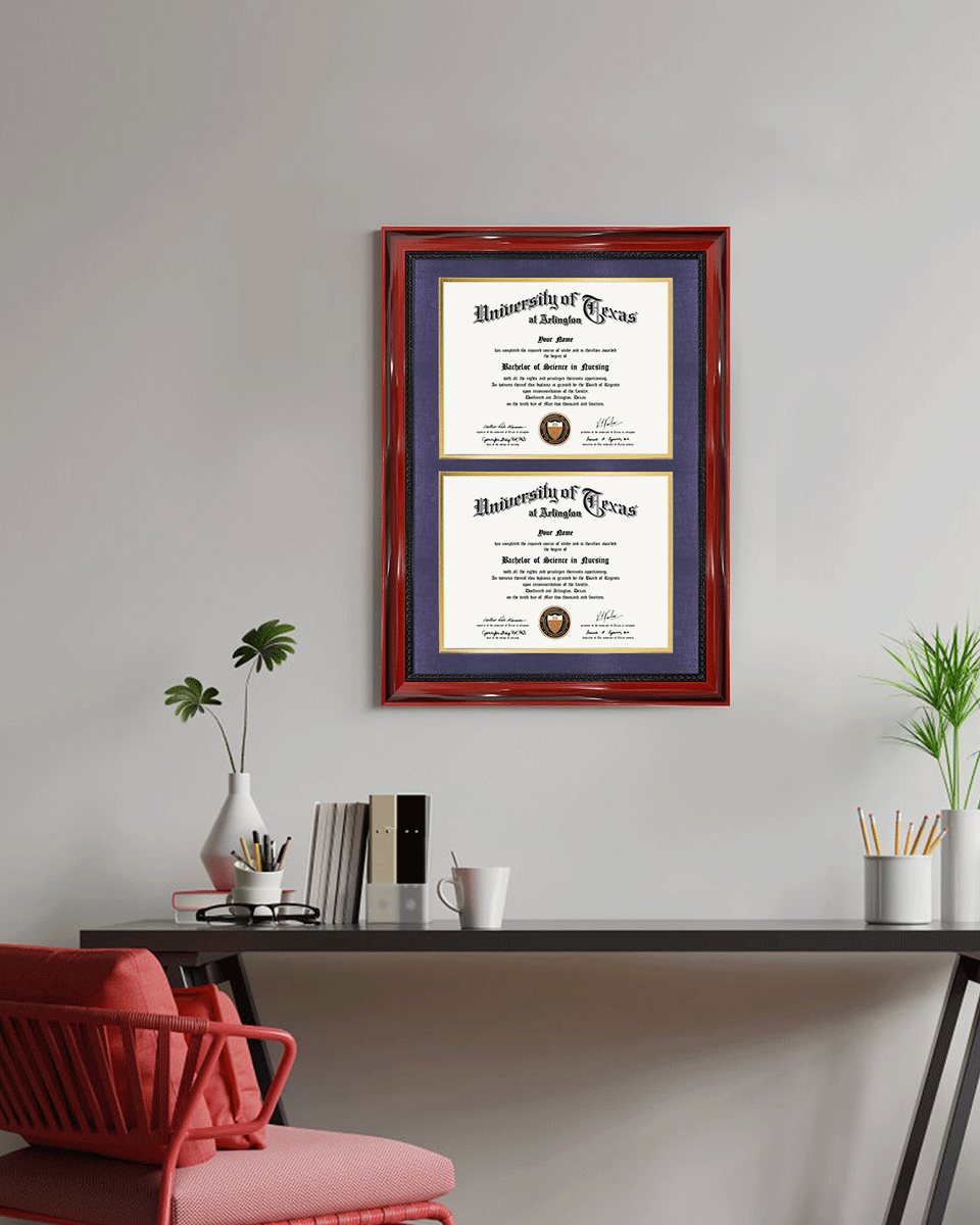 Double Certificate Solid Wood Frame with Intricate Black Rope Detail for 8.5"x11" - 5 Colors Available