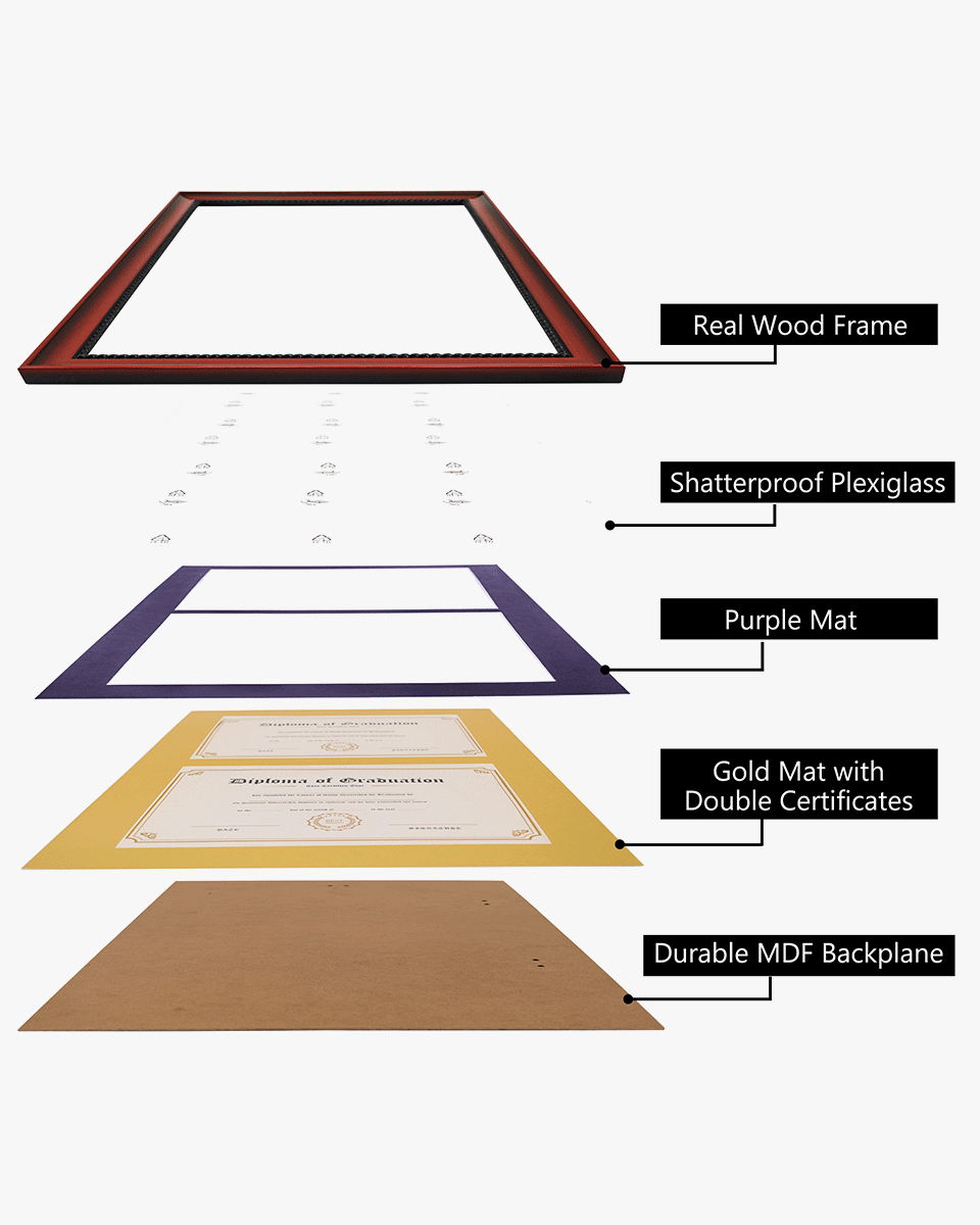 Double Certificate Solid Wood Frame with Intricate Black Rope Detail for 8.5"x11" - 5 Colors Available