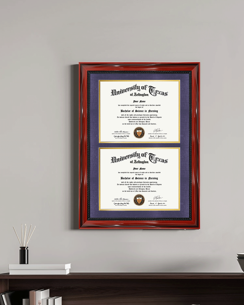 Double Certificate Solid Wood Frame with Intricate Black Rope Detail for 8.5"x11" - 5 Colors Available