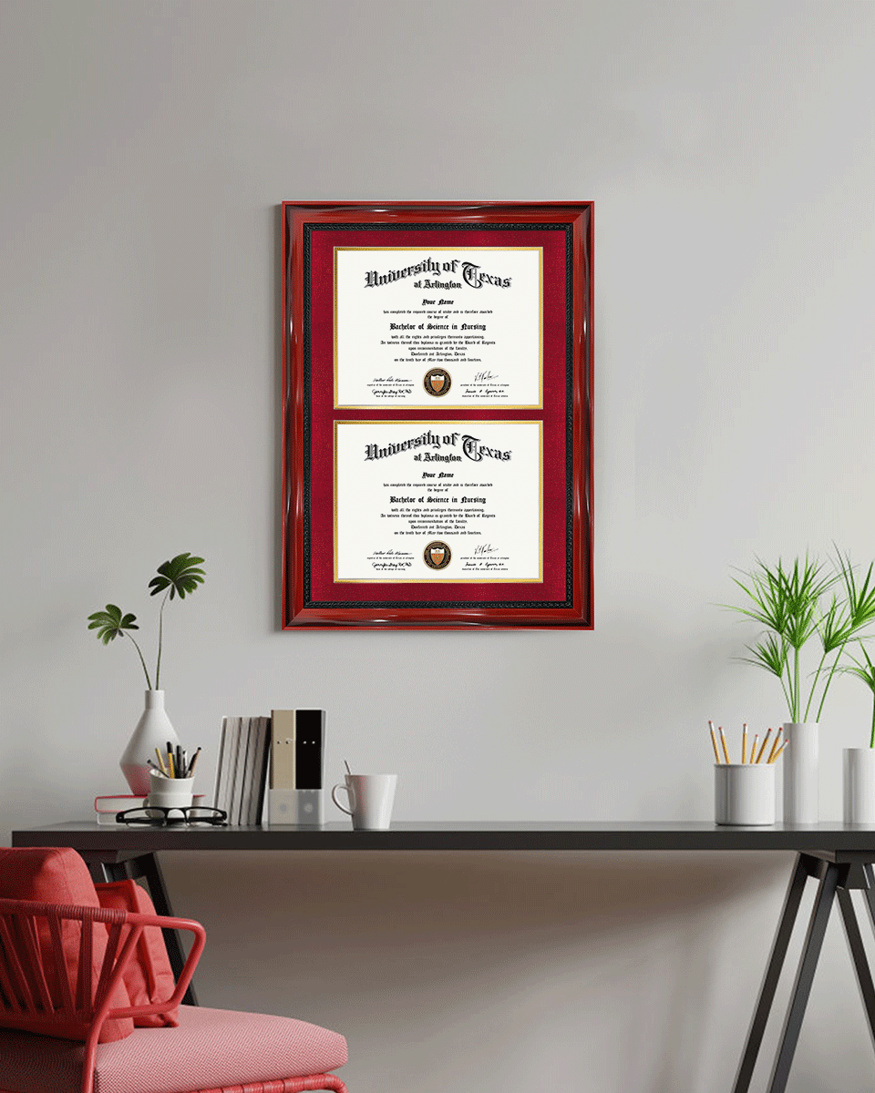 Double Certificate Solid Wood Frame with Intricate Black Rope Detail for 8.5"x11" - 5 Colors Available