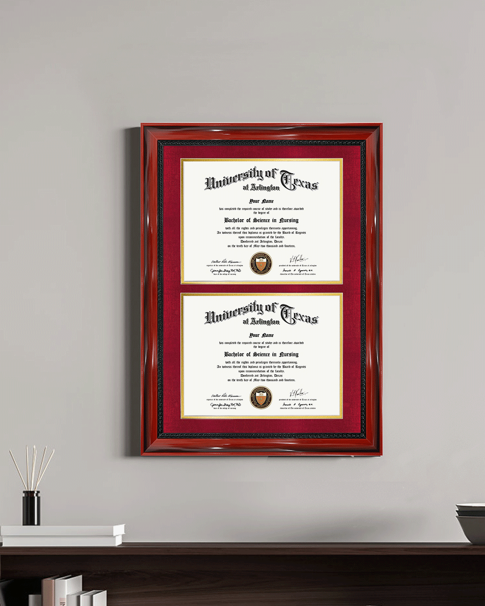 Double Certificate Solid Wood Frame with Intricate Black Rope Detail for 8.5"x11" - 5 Colors Available