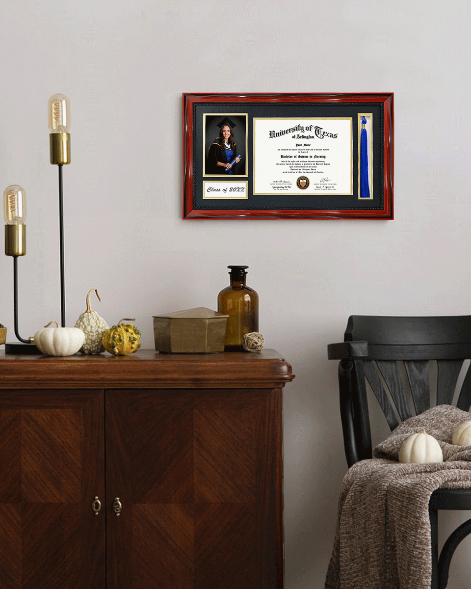 Solid Wood Frame with Tassel Holder & Intricate Black Rope Detail for Certificate and Photo - 4 Colors Available