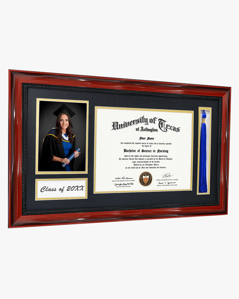 Solid Wood Frame with Tassel Holder & Intricate Black Rope Detail for Certificate and Photo - 4 Colors Available