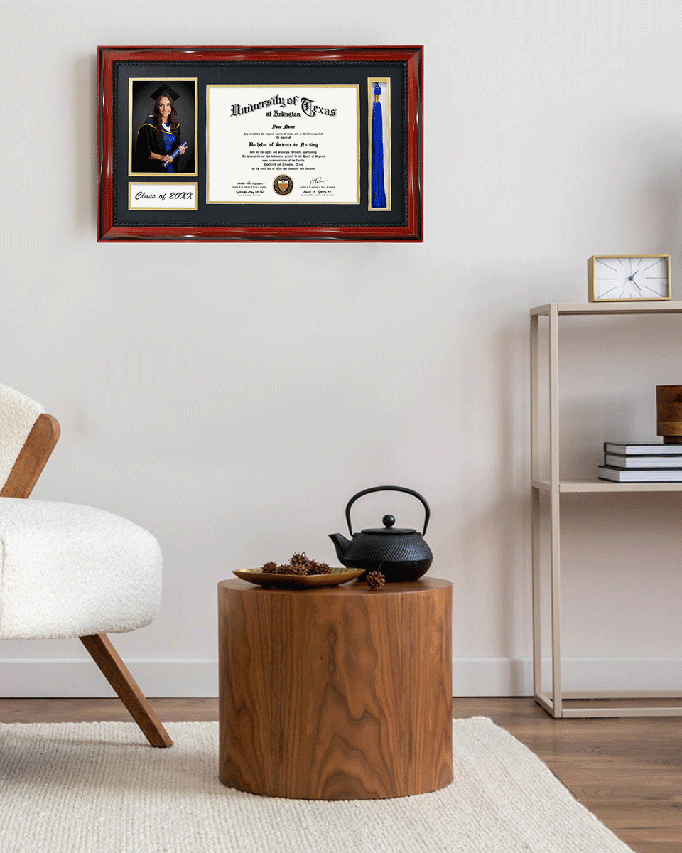 Solid Wood Frame with Tassel Holder & Intricate Black Rope Detail for Certificate and Photo - 4 Colors Available
