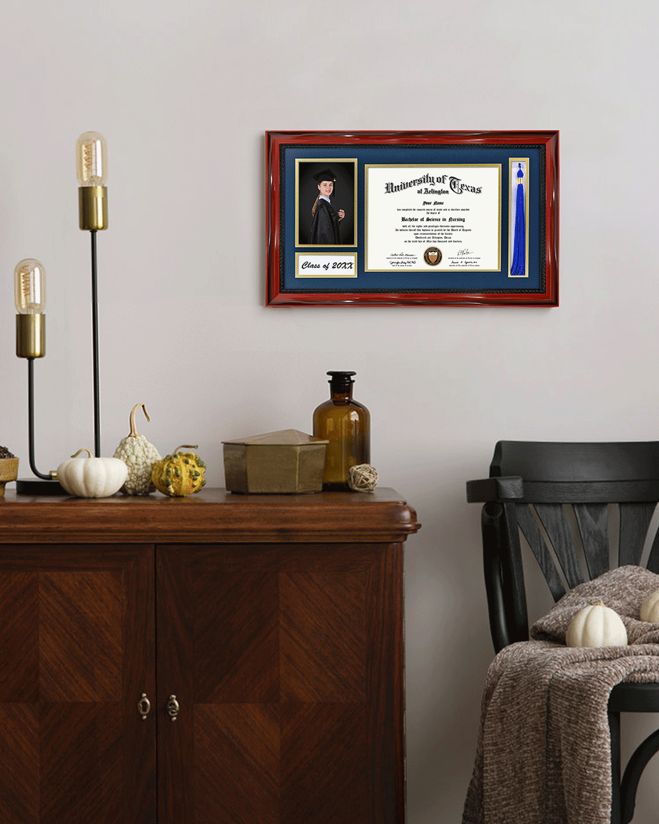 Solid Wood Frame with Tassel Holder & Intricate Black Rope Detail for Certificate and Photo - 4 Colors Available