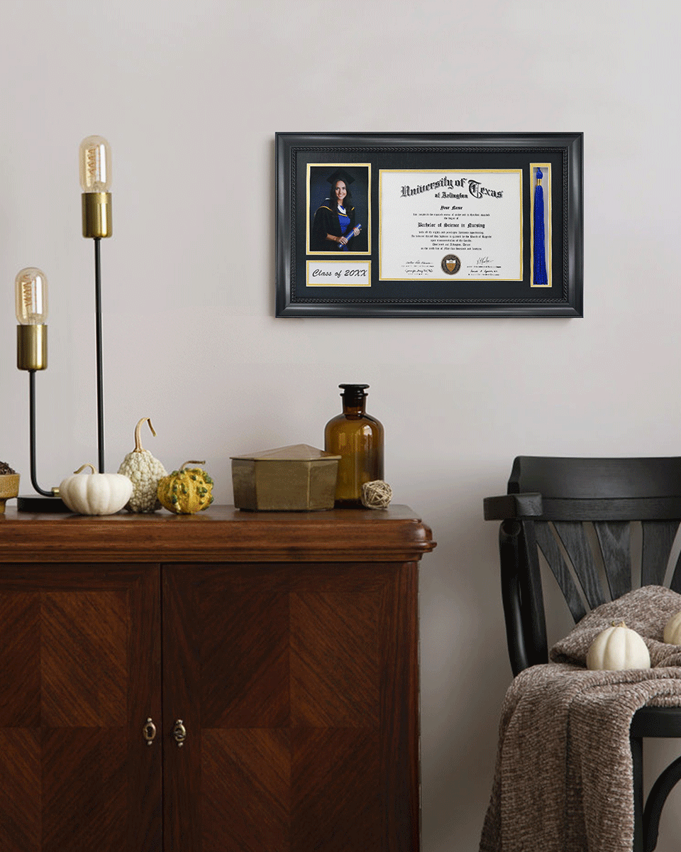 Solid Wood Frame with Tassel Holder & Intricate Black Rope Detail for Certificate and Photo - 4 Colors Available