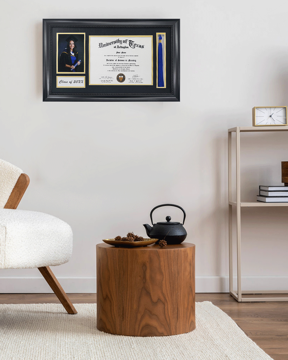 Solid Wood Frame with Tassel Holder & Intricate Black Rope Detail for Certificate and Photo - 4 Colors Available