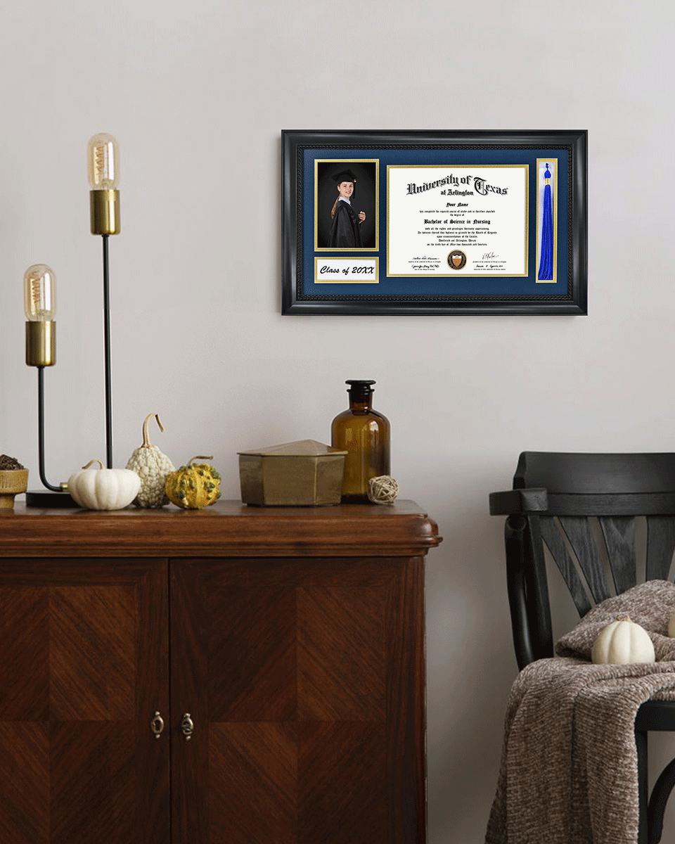 Solid Wood Frame with Tassel Holder & Intricate Black Rope Detail for Certificate and Photo - 4 Colors Available