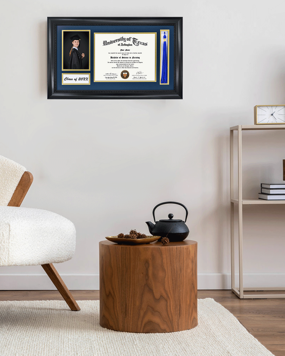 Solid Wood Frame with Tassel Holder & Intricate Black Rope Detail for Certificate and Photo - 4 Colors Available