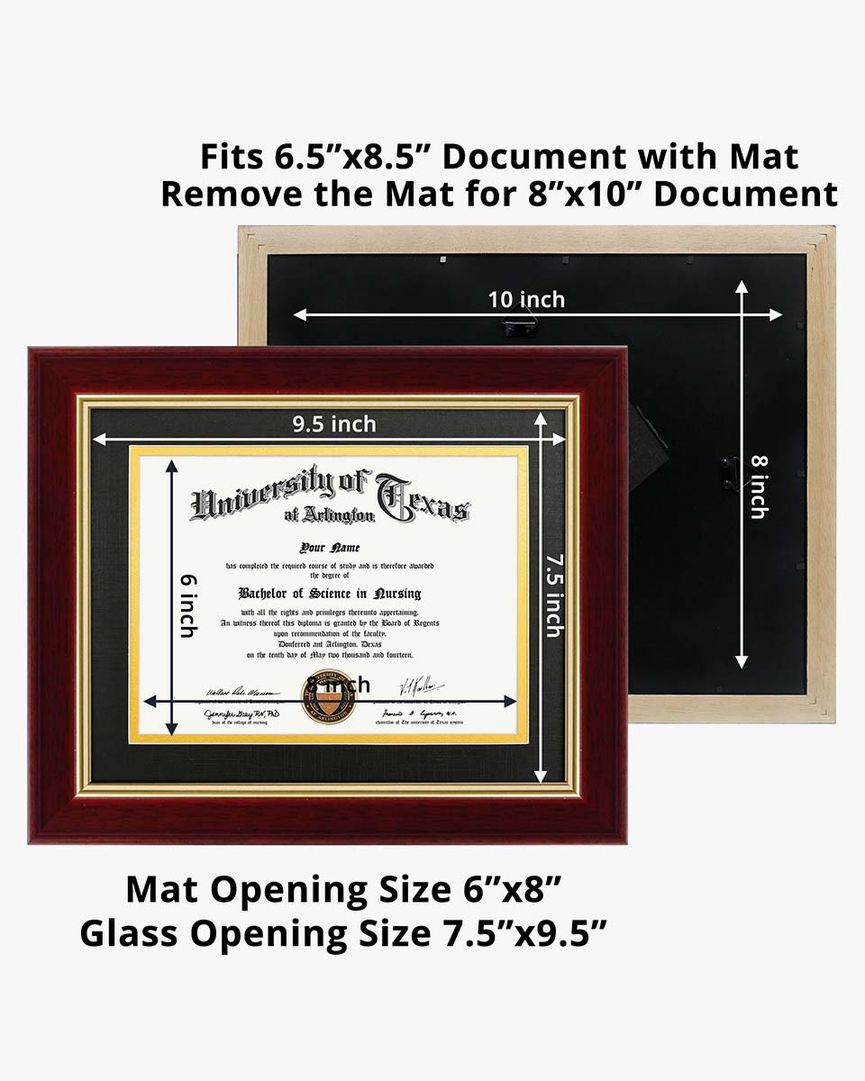 Wood Diploma Frame with Gold Trim Tempered Glass for 6*8 / 8*10 - 2 Colors Available
