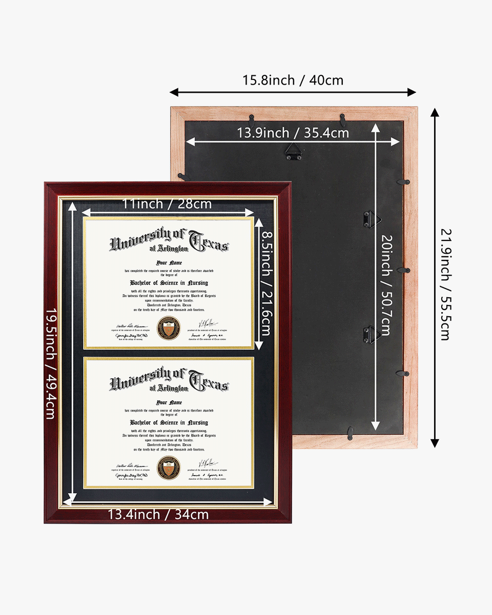Double Certificate Wood Diploma Frame with Gold Trim for 8.5"x11" – 2 Colors Available