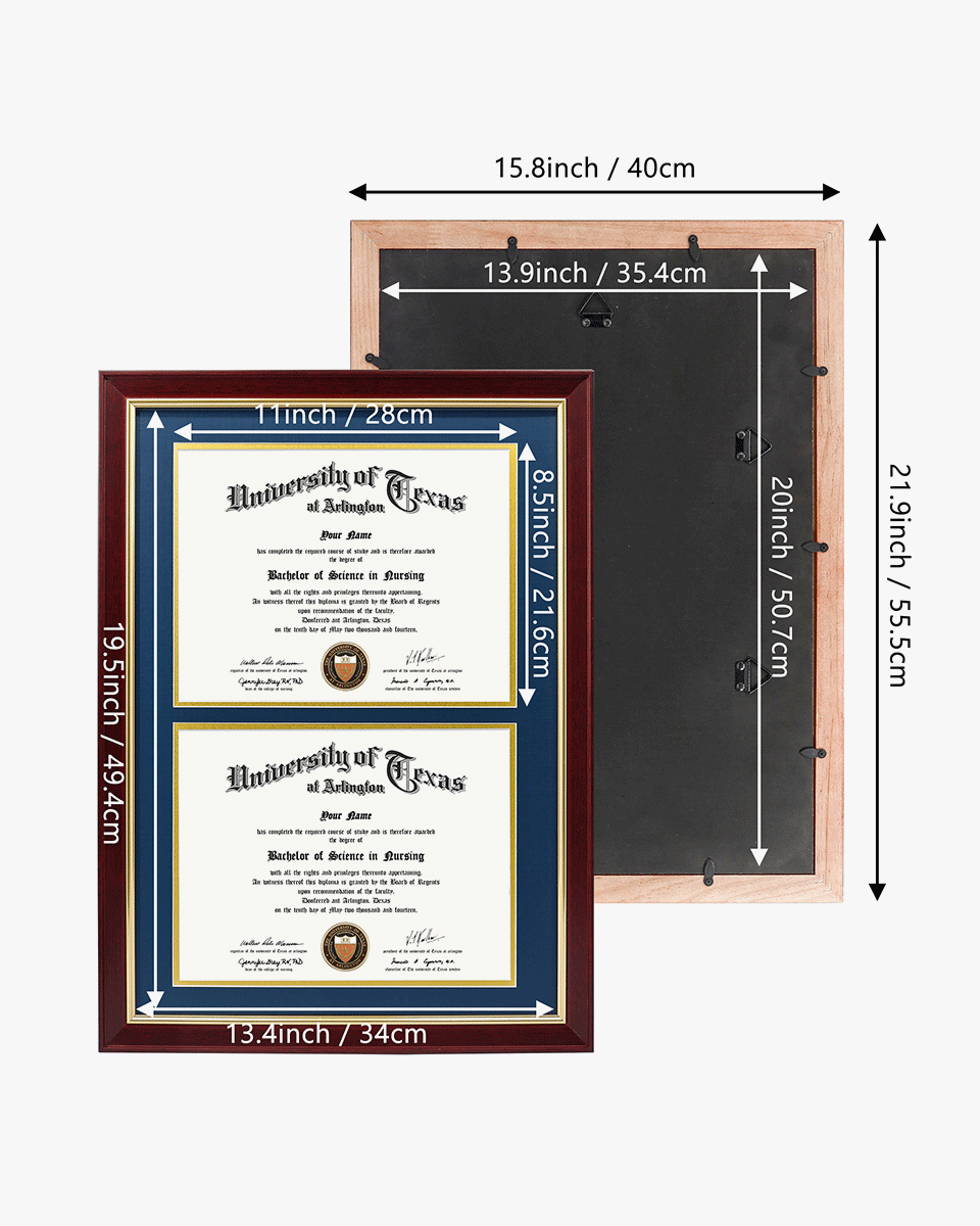 Double Certificate Wood Diploma Frame with Gold Trim for 8.5"x11" – 2 Colors Available
