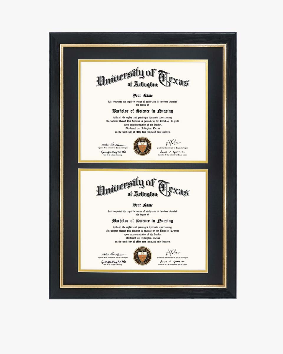 Double Certificate Wood Diploma Frame with Gold Trim for 8.5"x11" – 7 Colors Available