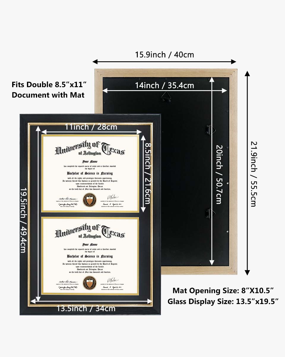 Double Certificate Wood Diploma Frame with Gold Trim for 8.5"x11" – 7 Colors Available