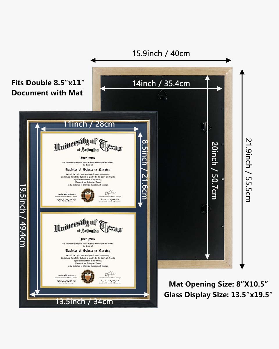 Double Certificate Wood Diploma Frame with Gold Trim for 8.5"x11" – 7 Colors Available