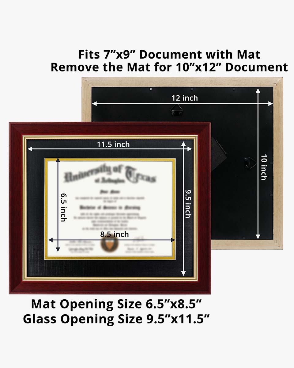 Wood Diploma Frame with Gold Trim Tempered Glass for 7*9 / 10*12 - 2 Colors Available