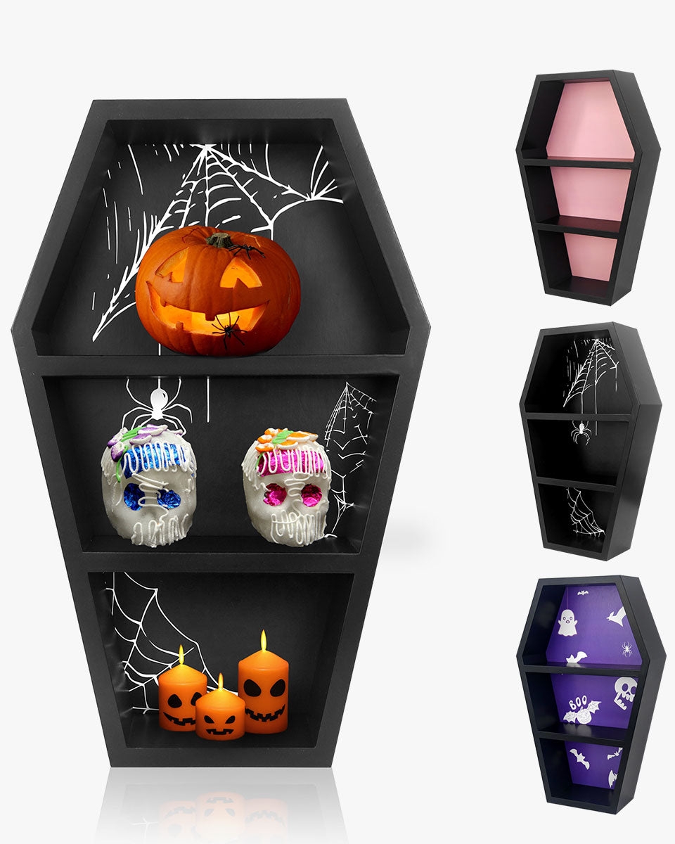 Black Wooden Goth Decor Coffin Shelf Shadow Box for Halloween with 3 S
