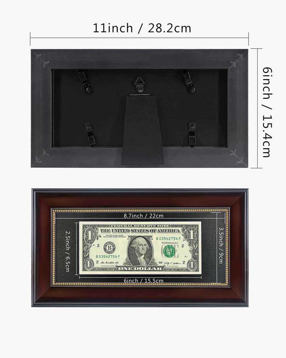 Dollar Bill Frame with Black Mat or Display 4x9 Picture without Mat Pack of 2 - 2 Colors Available