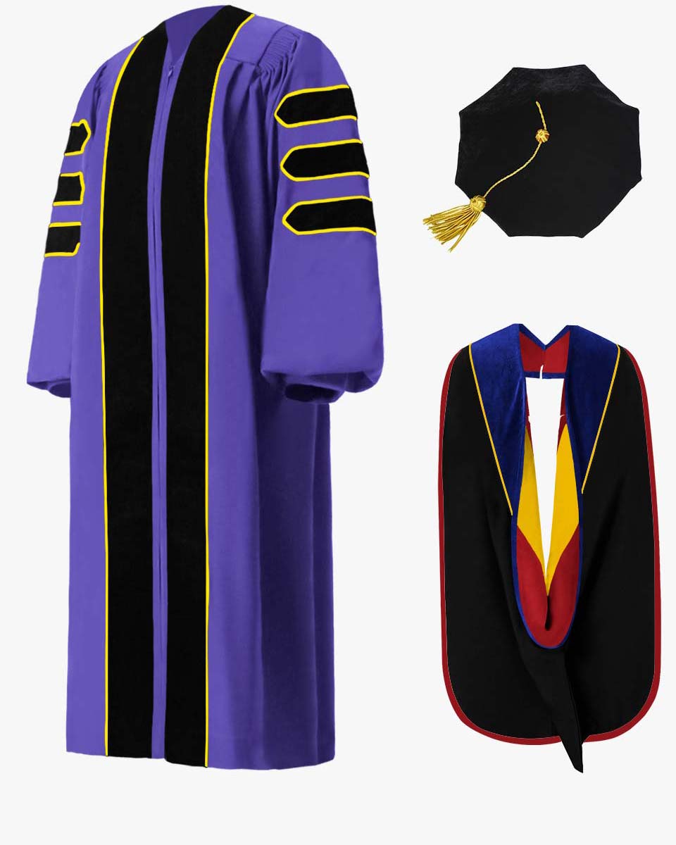 Custom Deluxe Split Velvet Doctoral Gown, Tam & Hood Package 63 (6'6"-6'8") Custom Deluxe Split Velvet Doctoral Gown, Tam & Hood Package 63 (6'6"-6'8")