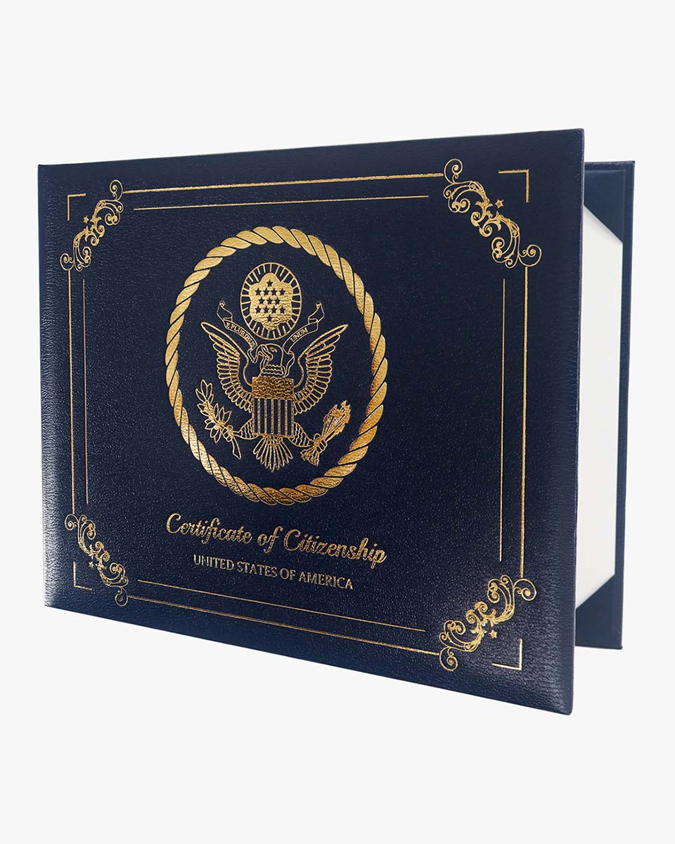 US Citizenship Naturalization Certificate Textured Faux Leather Cover of with Gold Logo 'Certificate of Citizenship'
