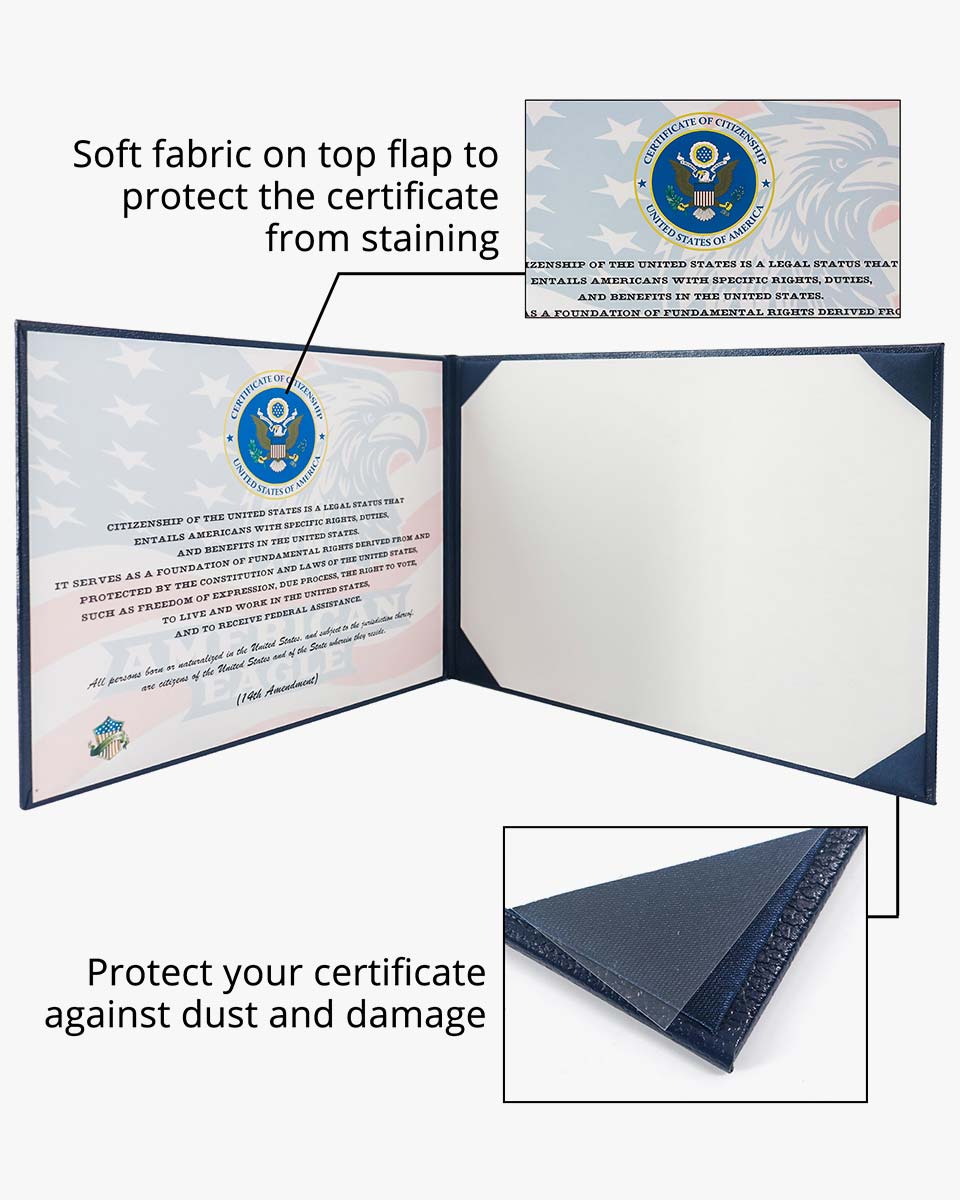 US Citizenship Naturalization Certificate Textured Faux Leather Cover of with Gold Logo 'Certificate of Citizenship'