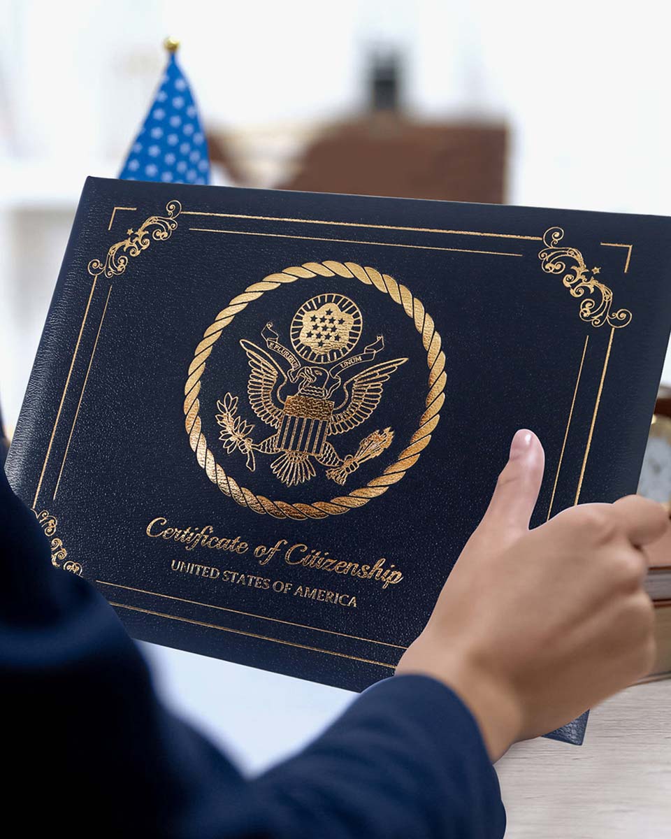 US Citizenship Naturalization Certificate Textured Faux Leather Cover of with Gold Logo 'Certificate of Citizenship'