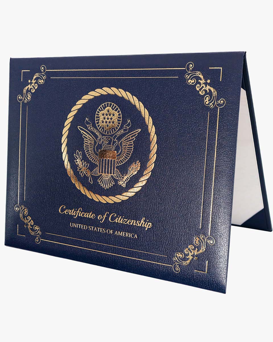 US Citizenship Naturalization Certificate Textured Faux Leather Cover of with Gold Logo 'Certificate of Citizenship'