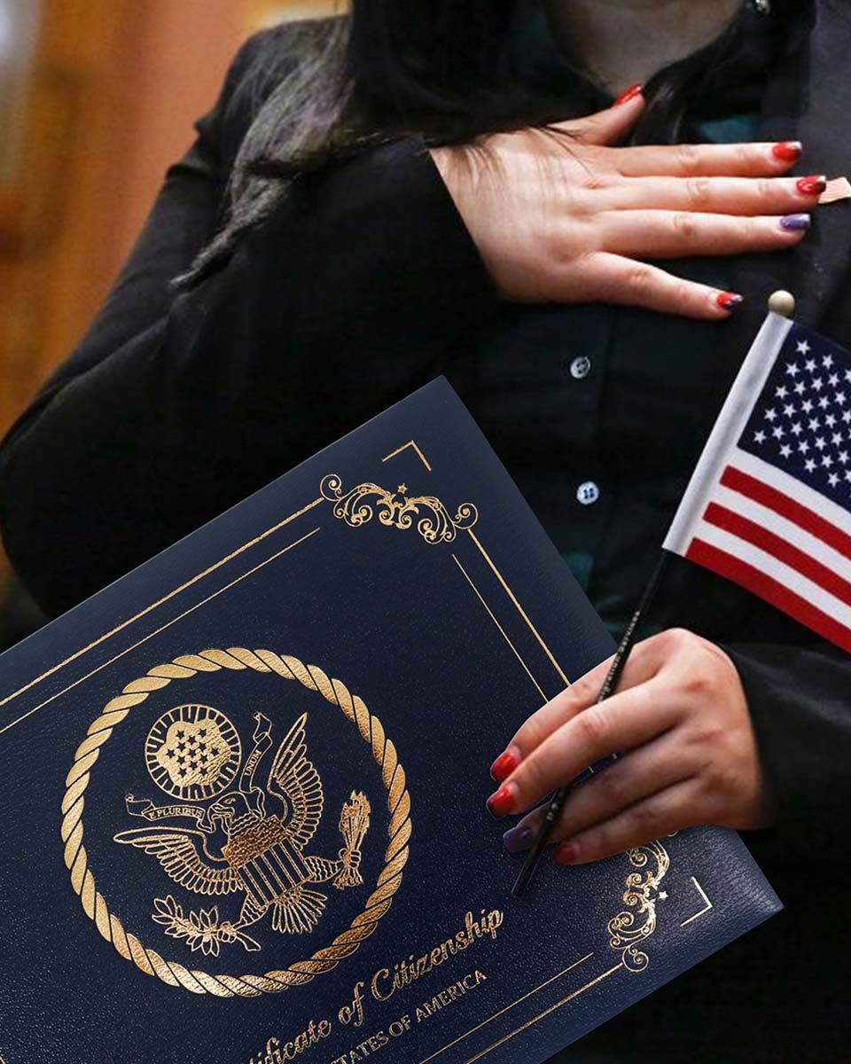 US Citizenship Naturalization Certificate Textured Faux Leather Cover of with Gold Logo 'Certificate of Citizenship'