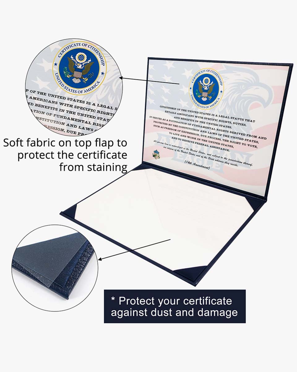 US Citizenship Naturalization Certificate Textured Faux Leather Cover of with Gold Logo 'Certificate of Citizenship'