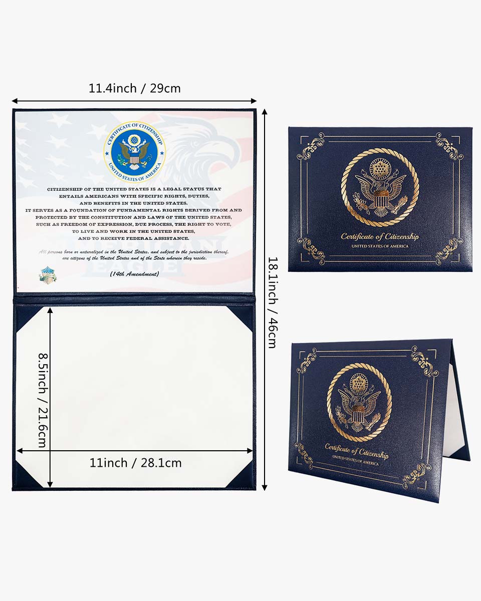 US Citizenship Naturalization Certificate Textured Faux Leather Cover of with Gold Logo 'Certificate of Citizenship'
