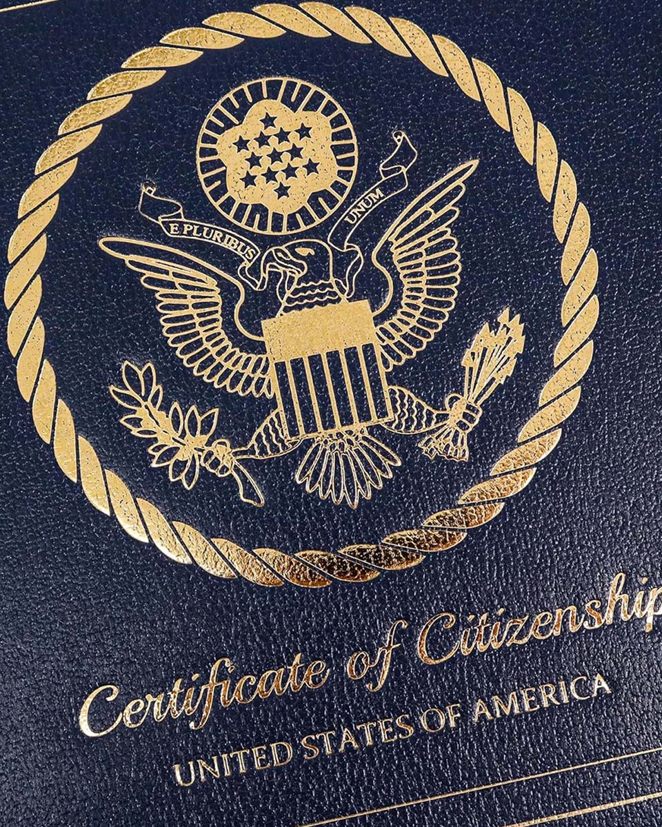 US Citizenship Naturalization Certificate Textured Faux Leather Cover of with Gold Logo 'Certificate of Citizenship'