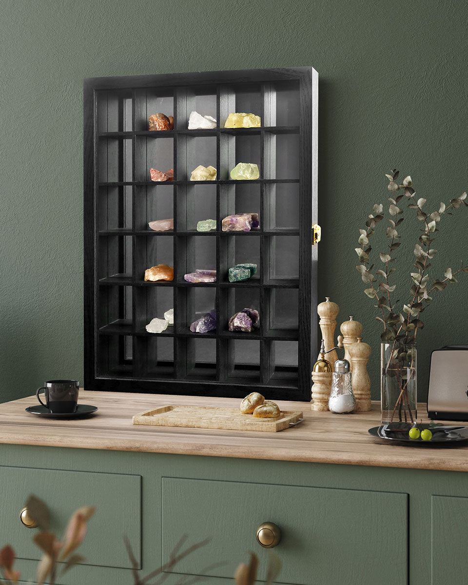 15.5x20 Black 30 Slots with Mirror Background Wooden Cabinet Rack Shadow Box