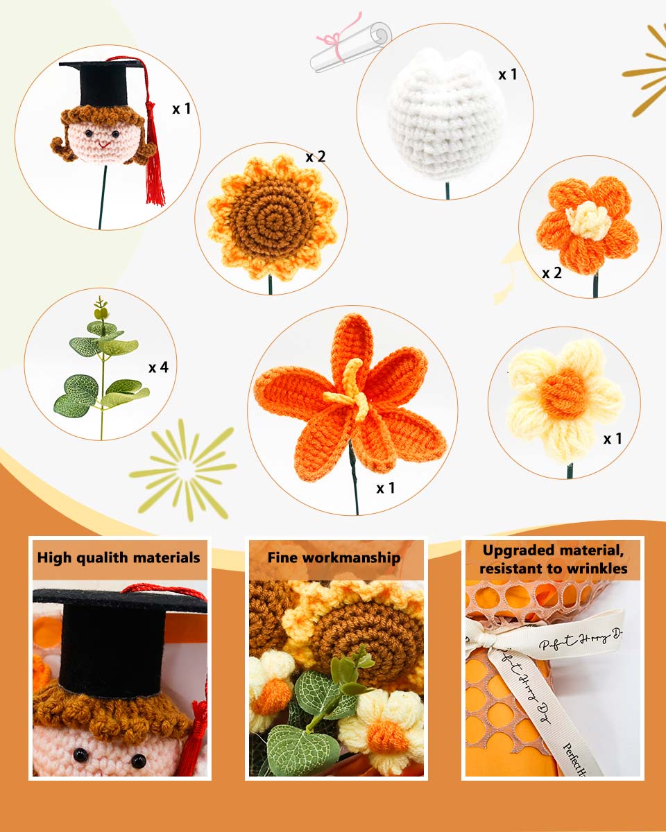 Handmade Crochet Flower Bouquet with Greeting Card and Gift Bag - 2 Colors Available