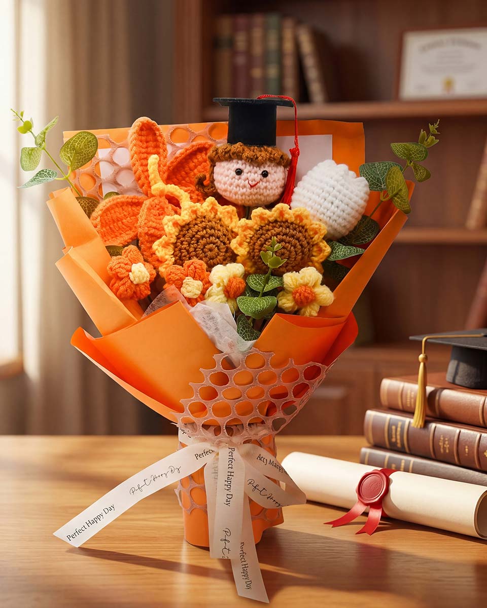 Handmade Crochet Flower Bouquet with Greeting Card and Gift Bag - 2 Colors Available