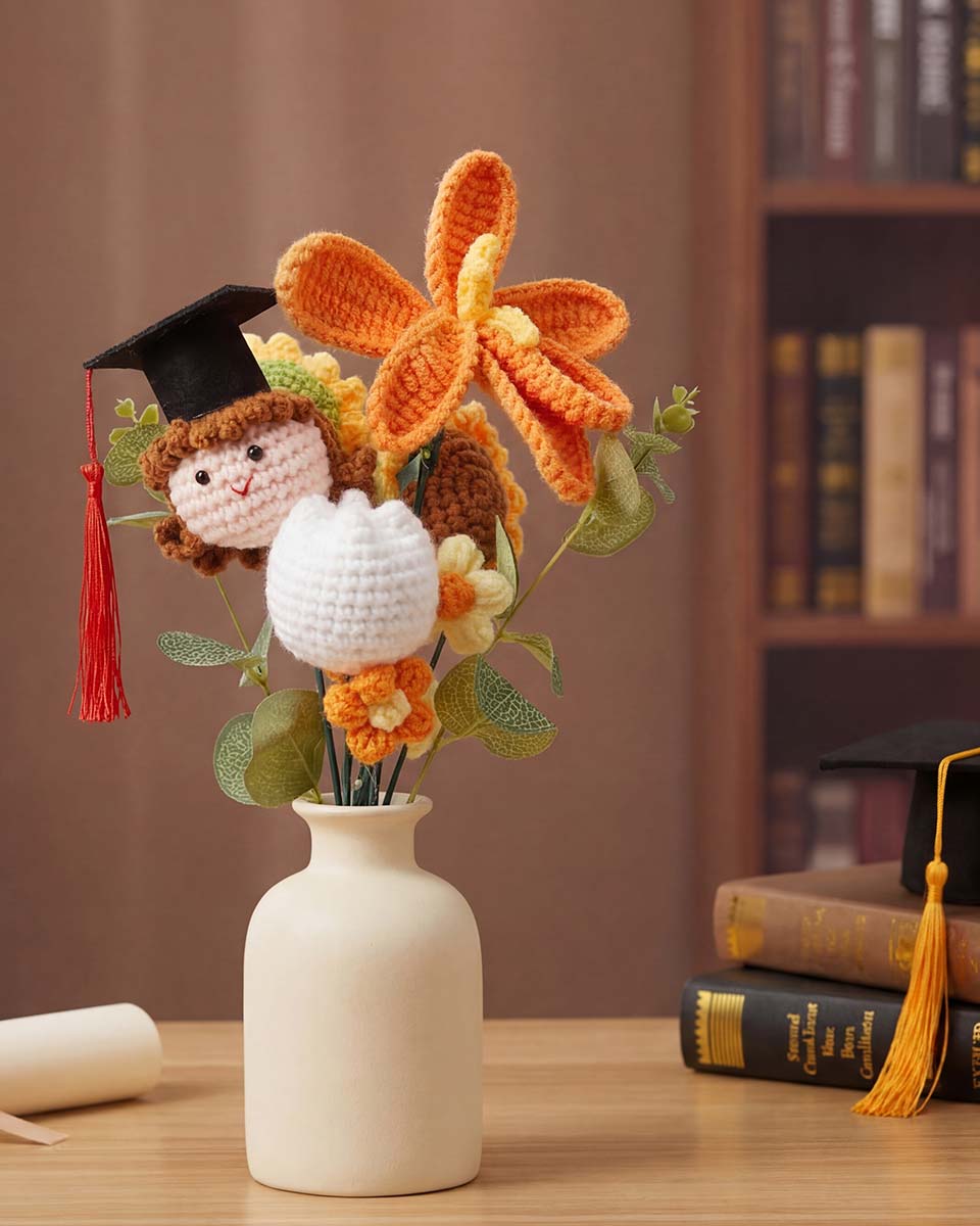 Handmade Crochet Flower Bouquet with Greeting Card and Gift Bag - 2 Colors Available