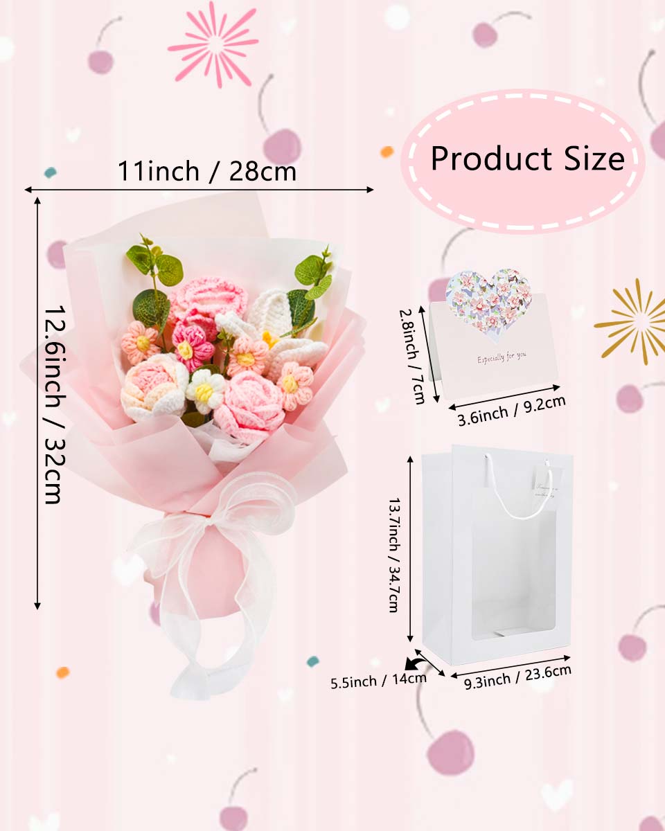 Handmade Crochet Flower Bouquet with Greeting Card and Gift Bag - 2 Colors Available