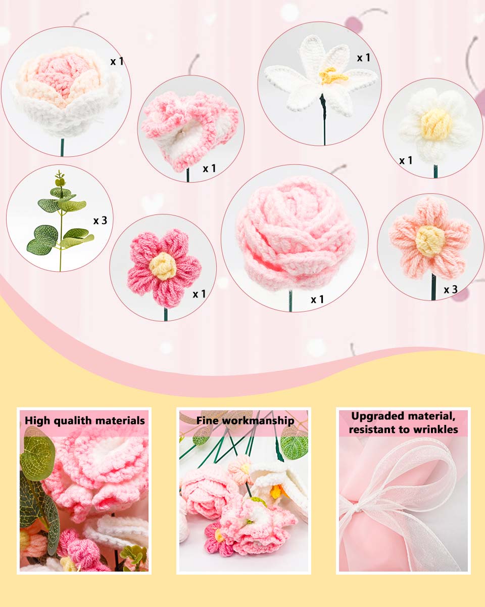 Handmade Crochet Flower Bouquet with Greeting Card and Gift Bag - 2 Colors Available