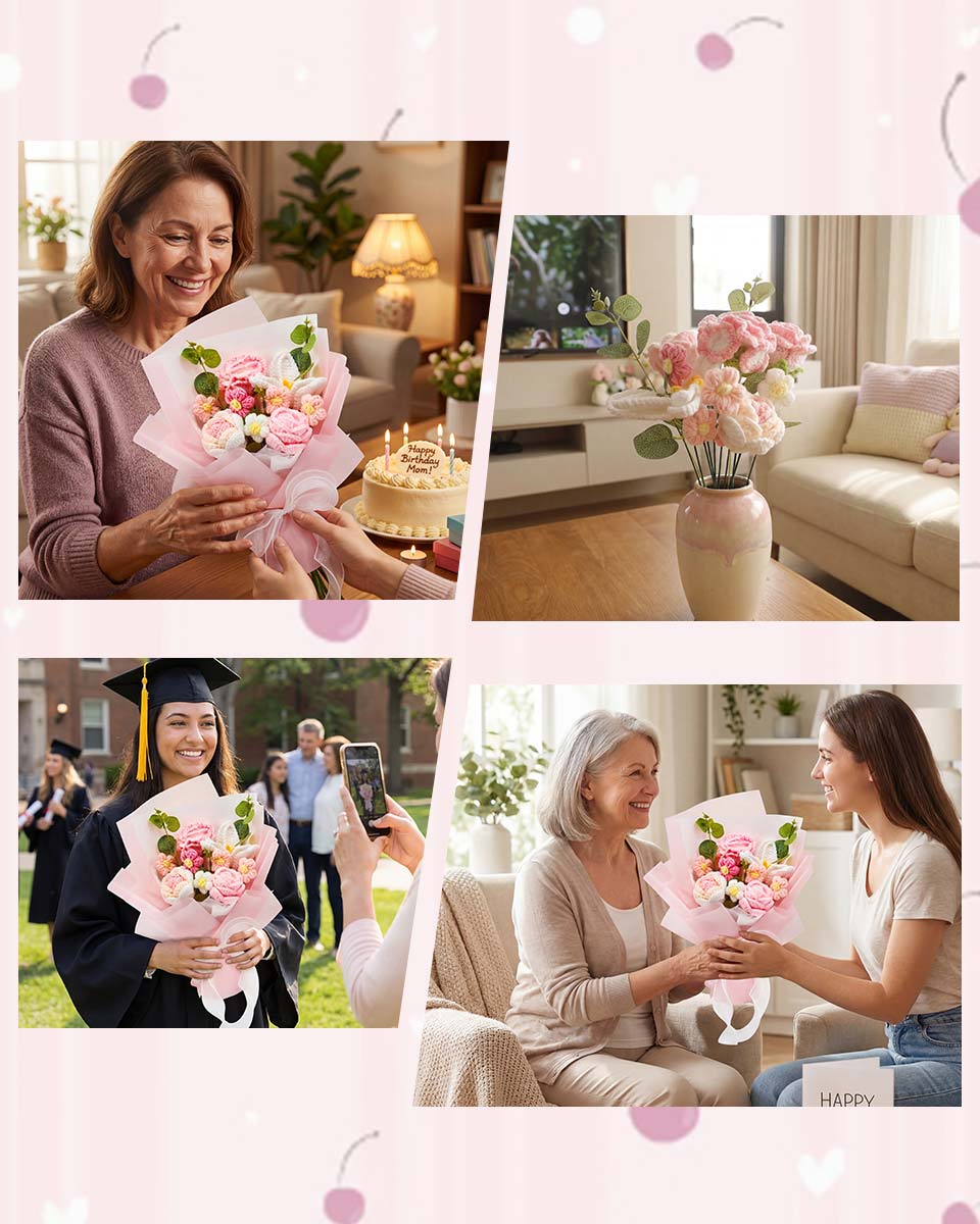 Handmade Crochet Flower Bouquet with Greeting Card and Gift Bag - 2 Colors Available