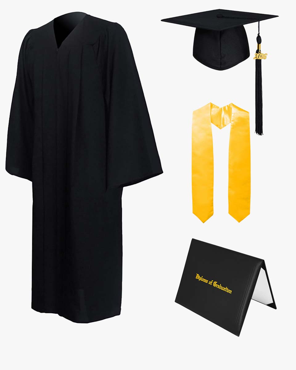 High School Premium Matte Graduation Cap, Gown, Stole & Imprinted Diploma Cover Package