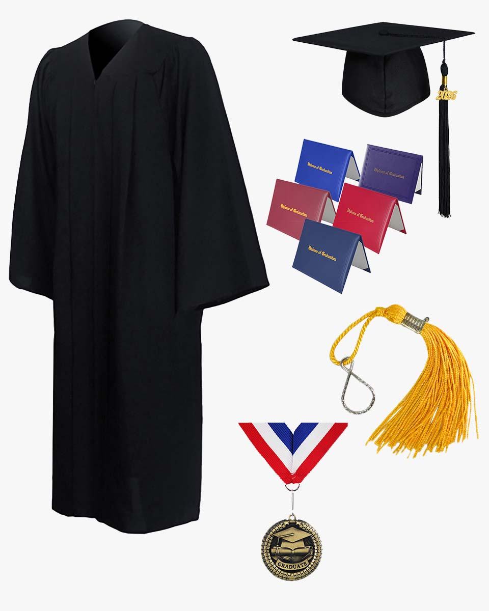 High School Premium Matte Graduation Cap, Gown, Stole, Imprinted Diploma Cover & Graduation Souvenirs Package