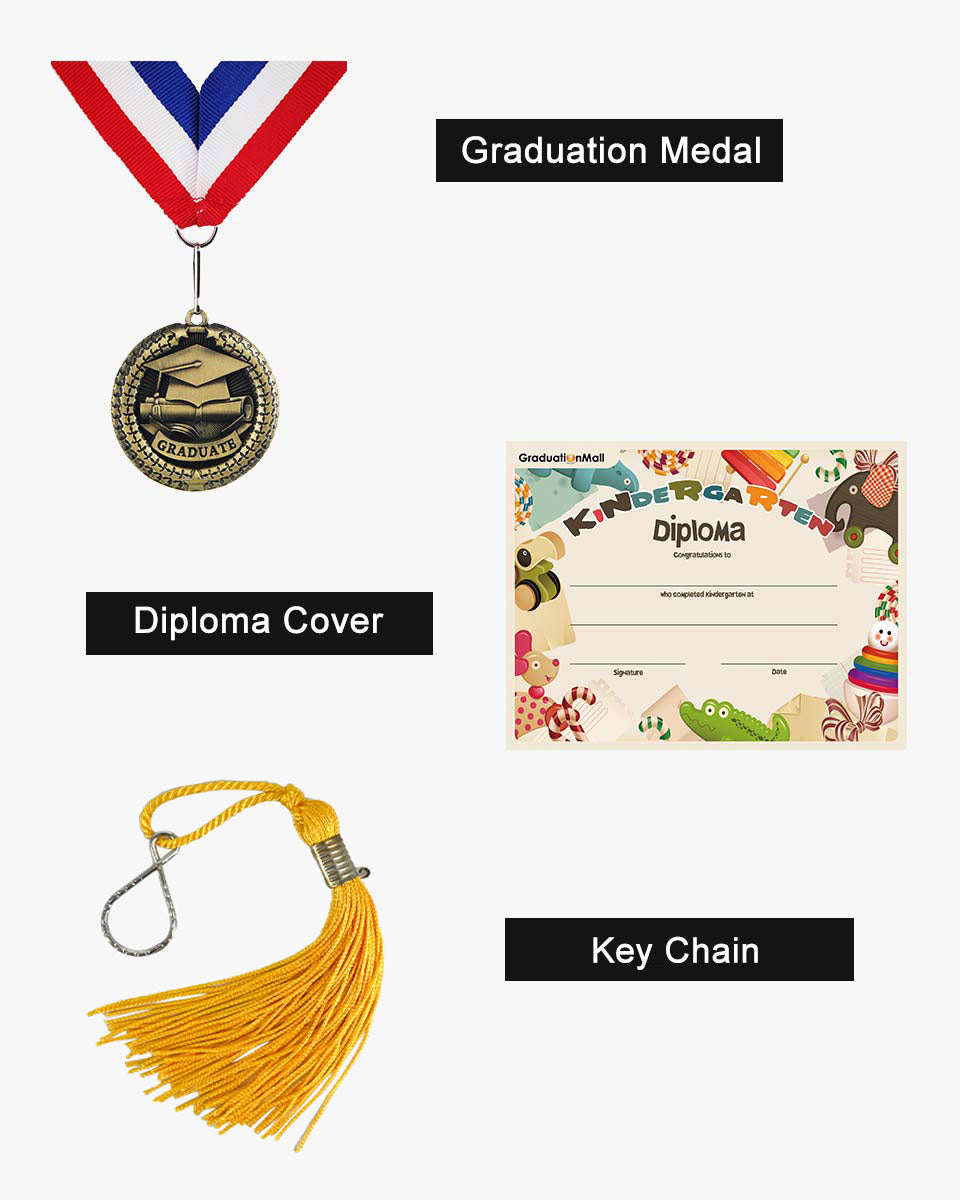 Shiny Kindergarten Graduation Cap, Gown, Stole, Diploma & Medal Package