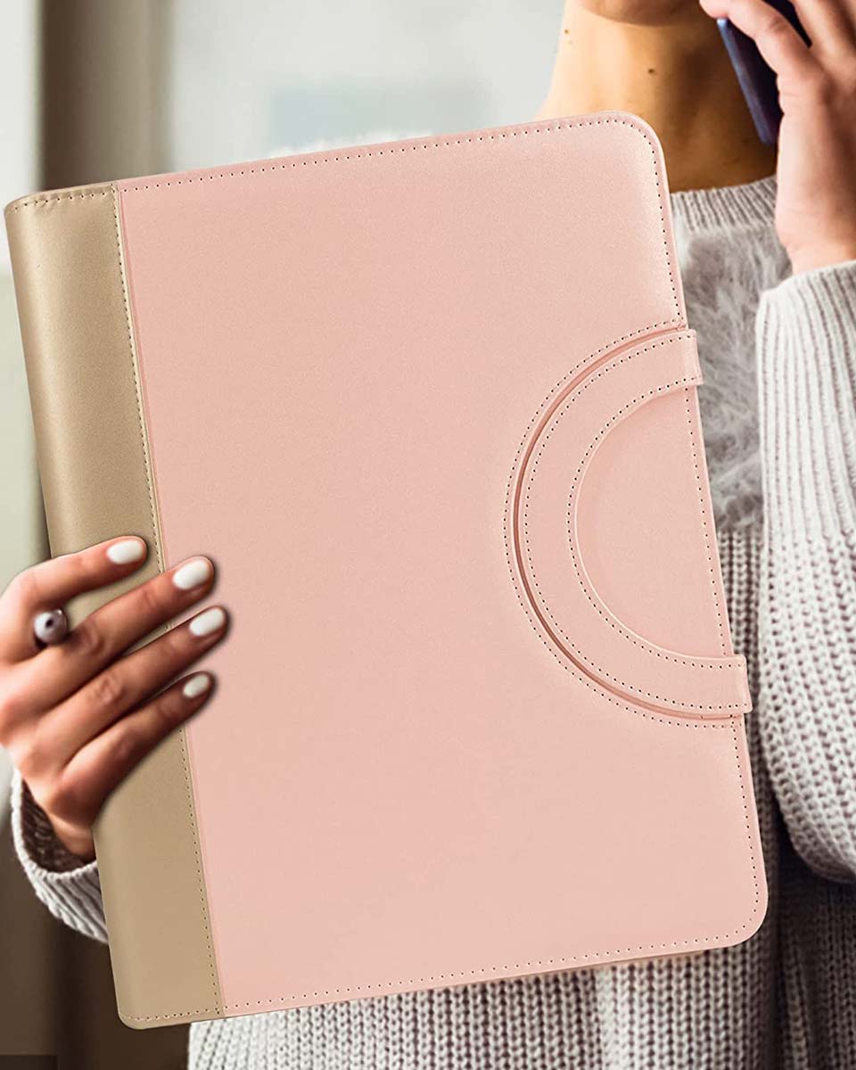 Zippered Leather Padfolio Portfolio with Hidden Handle Business Organizer Notepad Folder - 3 Colors Available