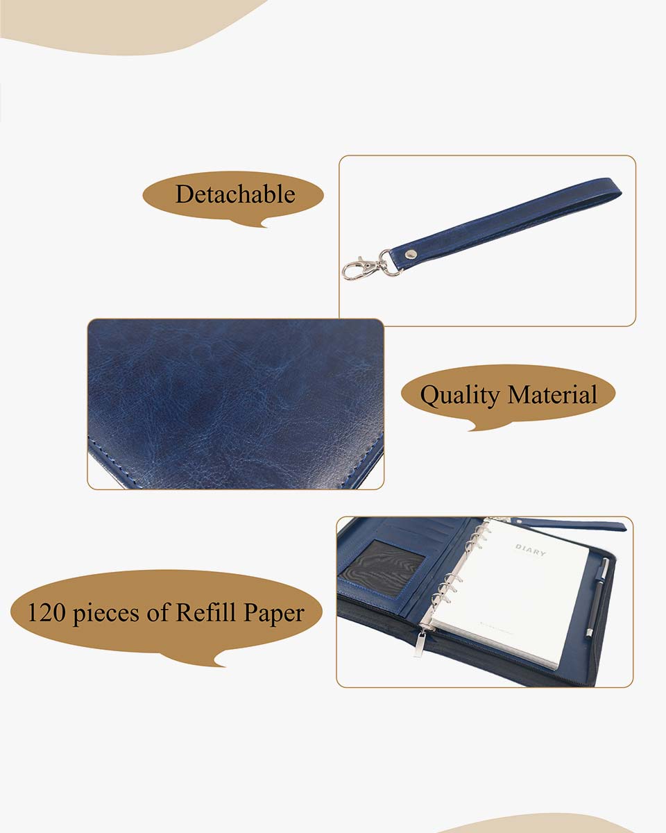 Zippered Leather Business Portfolio Padfolio with A5 Size Binder Paper– 3 Colors Available