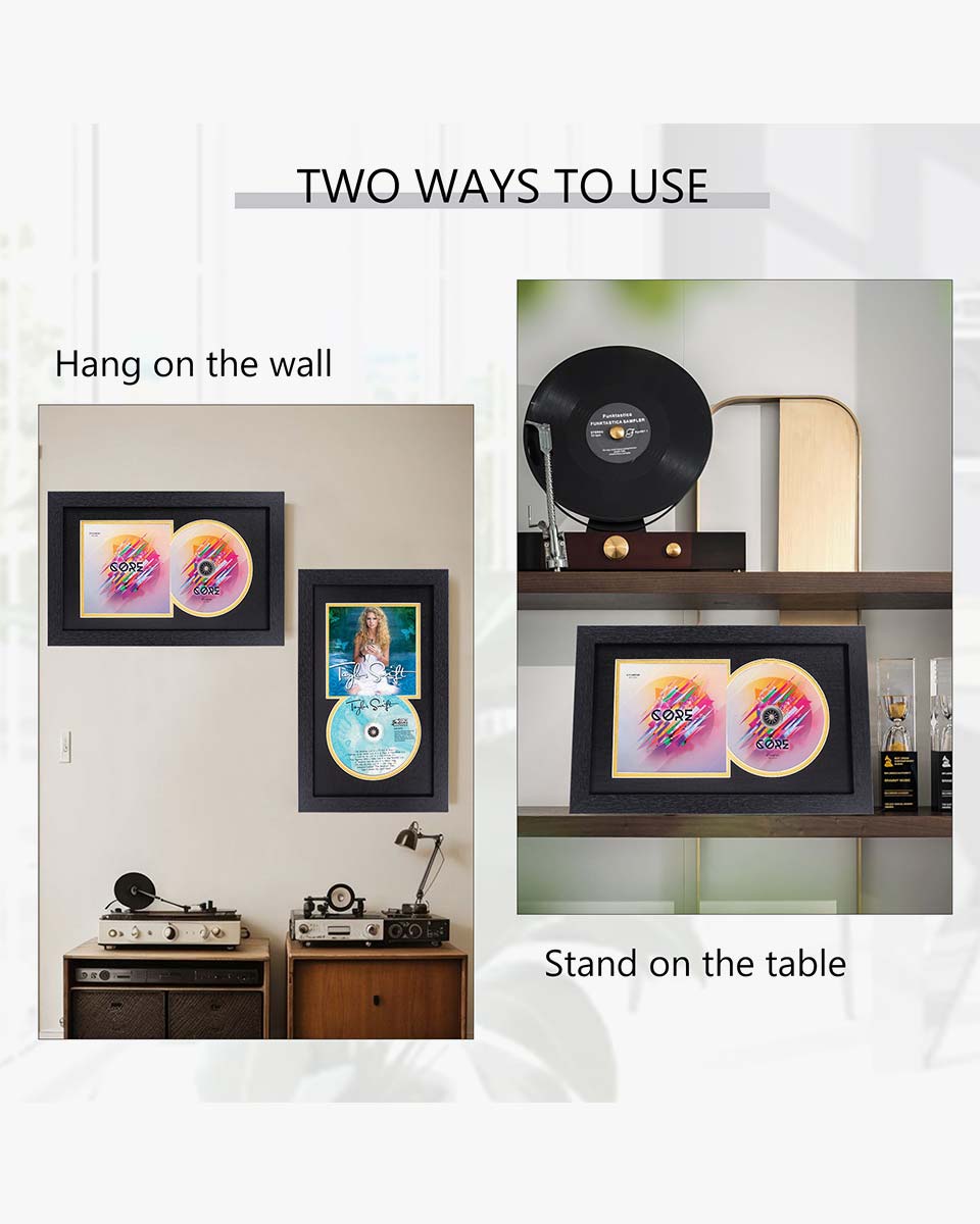Black Wall and Tabletop CD Display Frame for Connected Disc and Booklet - 2 Mat Colors Available