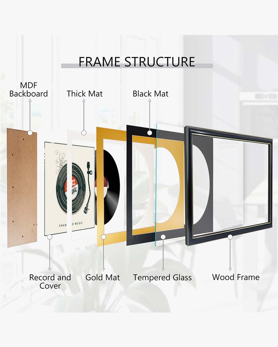 Black Wall Display Vinyl Record Album Frame with Double Gold Trim for 12*12 LP Covers - 2 Mat Colors Available