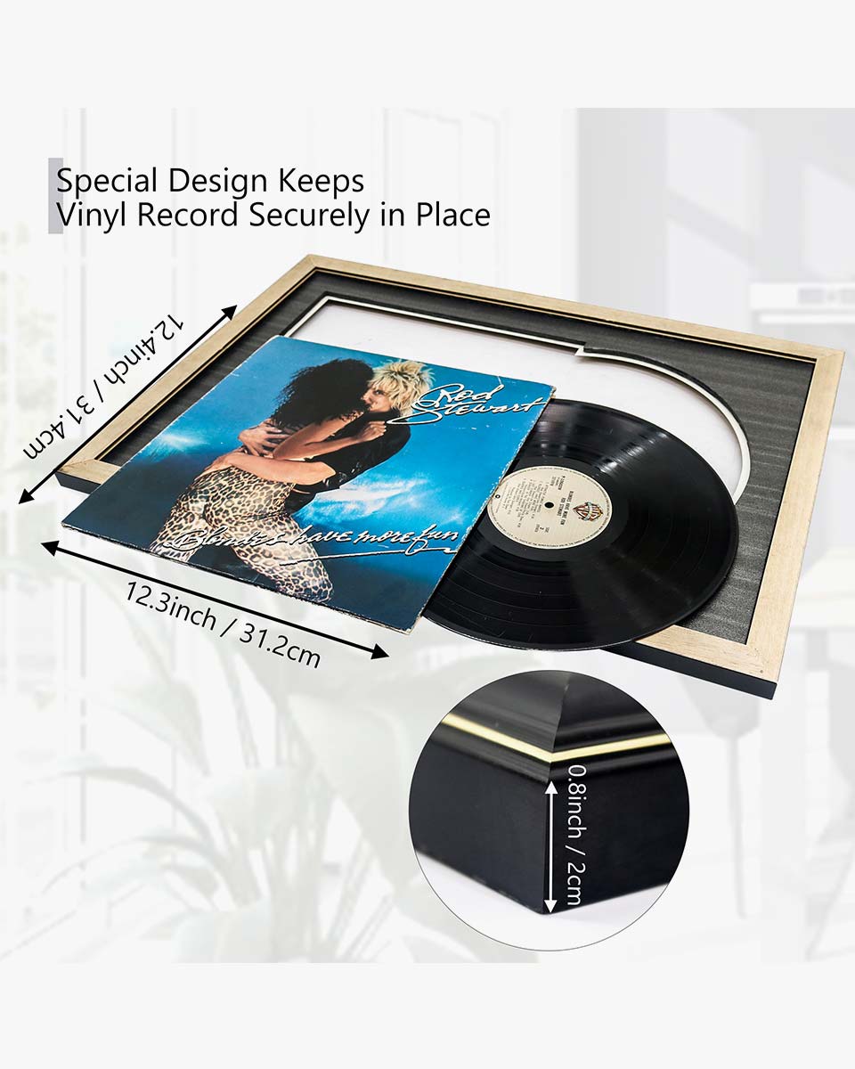 Black Wall Display Vinyl Record Album Frame with Double Gold Trim for 12*12 LP Covers - 2 Mat Colors Available