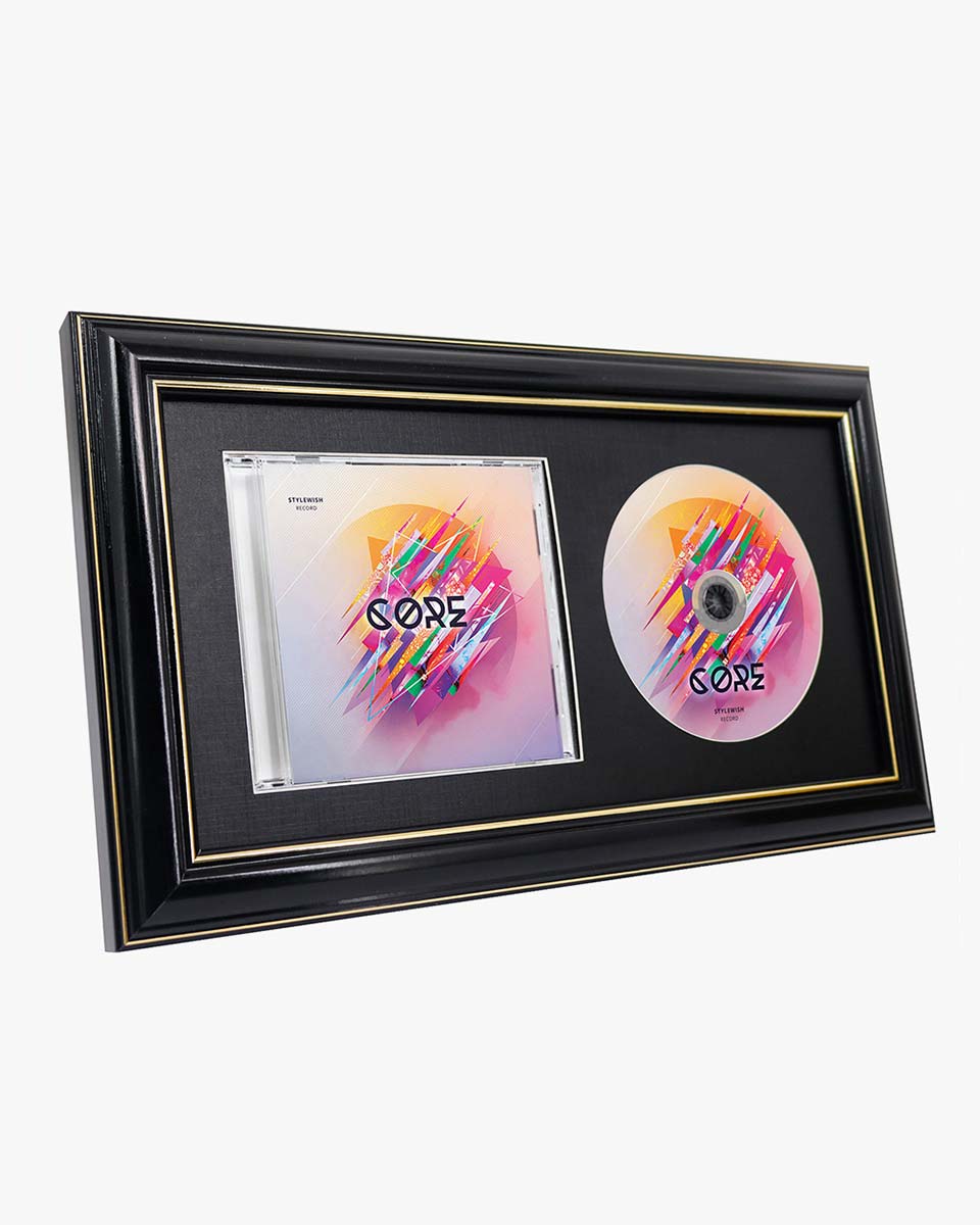 Black Wall and Tabletop CD Display Frame with Double Gold Trim for Disc and CD Case - 2 Mat Colors Available