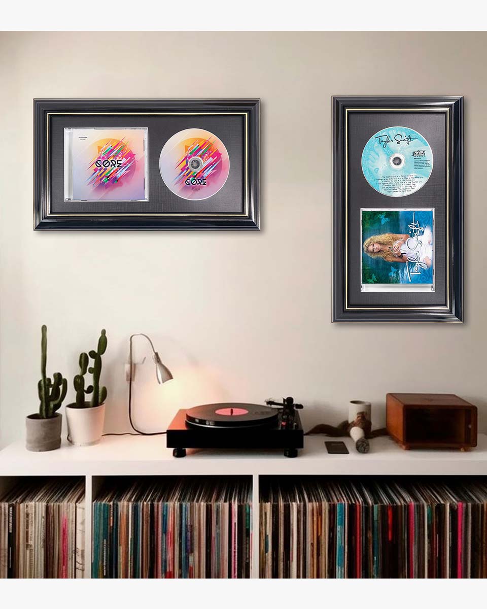 Black Wall and Tabletop CD Display Frame with Double Gold Trim for Disc and CD Case - 2 Mat Colors Available